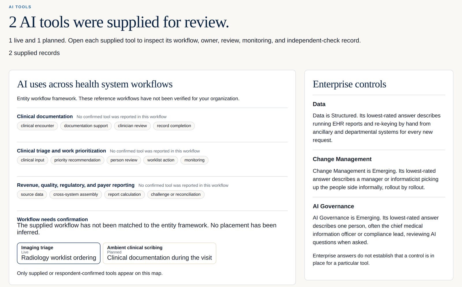 The AI tools page placing two supplied tools against health system workflows.